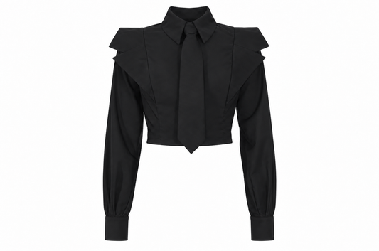Camisa Noctua de Liz Campos: camisa negra con solapas tipo ala