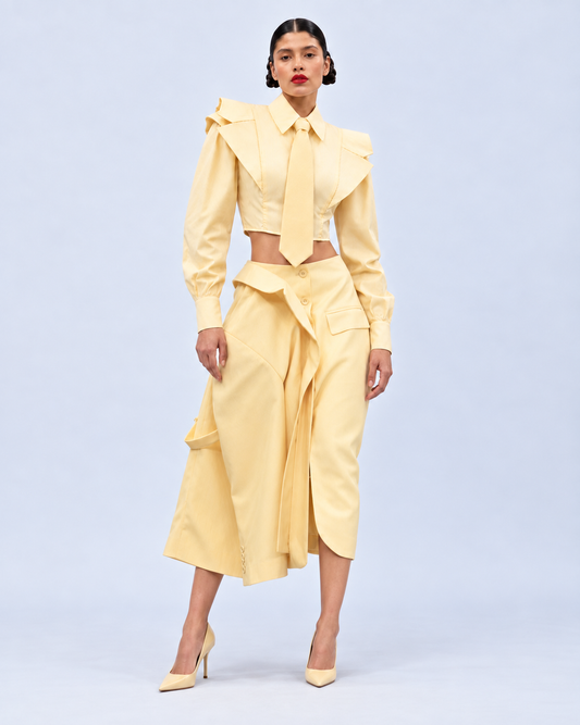 Falda-Saco Evolutiva de Liz Campos: conjunto sastre amarillo