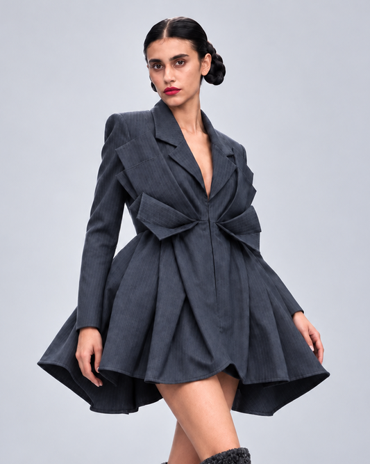 Vestido Magnolia de Liz Campos: vestido blazer gris escultórico